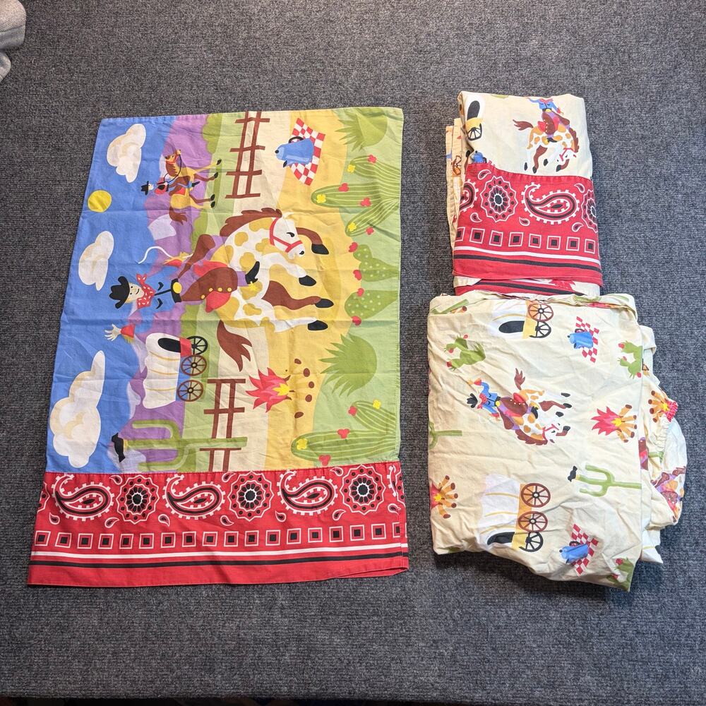 Vintage Western Cowboy Twin Bed Sheet Set Retro Rodeo Horse Print Kids Bedroom